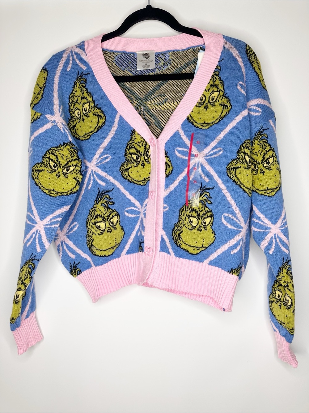 Dr. Seuss Blue, Pink & Green Grinch V-Neck Cardigan Size XS